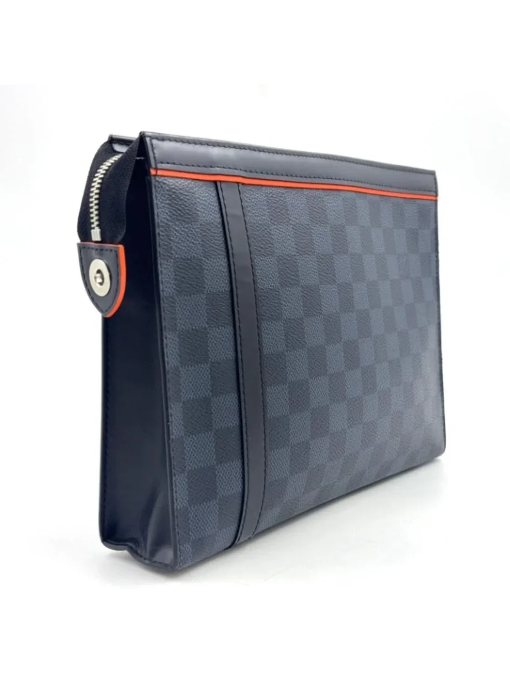 Louis Vuitton Pochette Voyage MM Damier Cobalt Leather Orange Navy Black Clutch